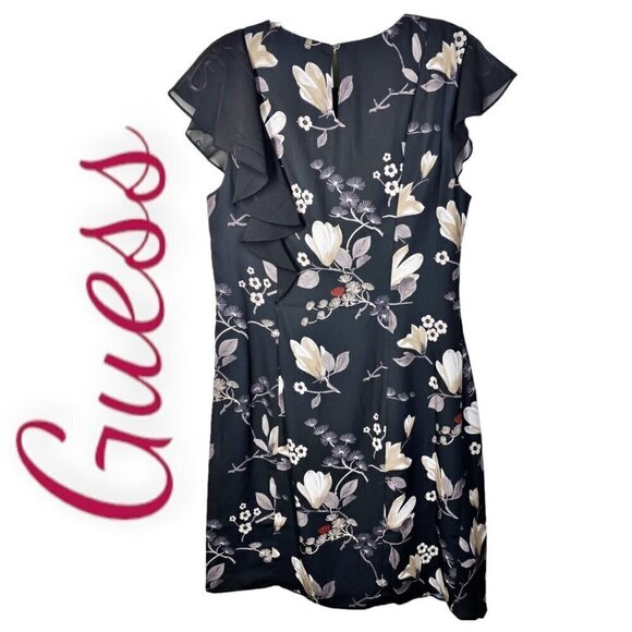NWT GUESS Floral Chiffon Sleeve Ruffle Front Dress, Size Large - Picture 3 of 6